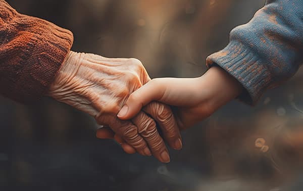 An older person and a young person holding hands.